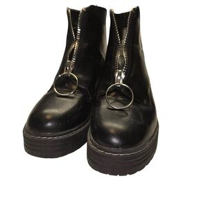 Seven Black Leather Ankle Boots Platform Zip Ring Pull Women’s 8